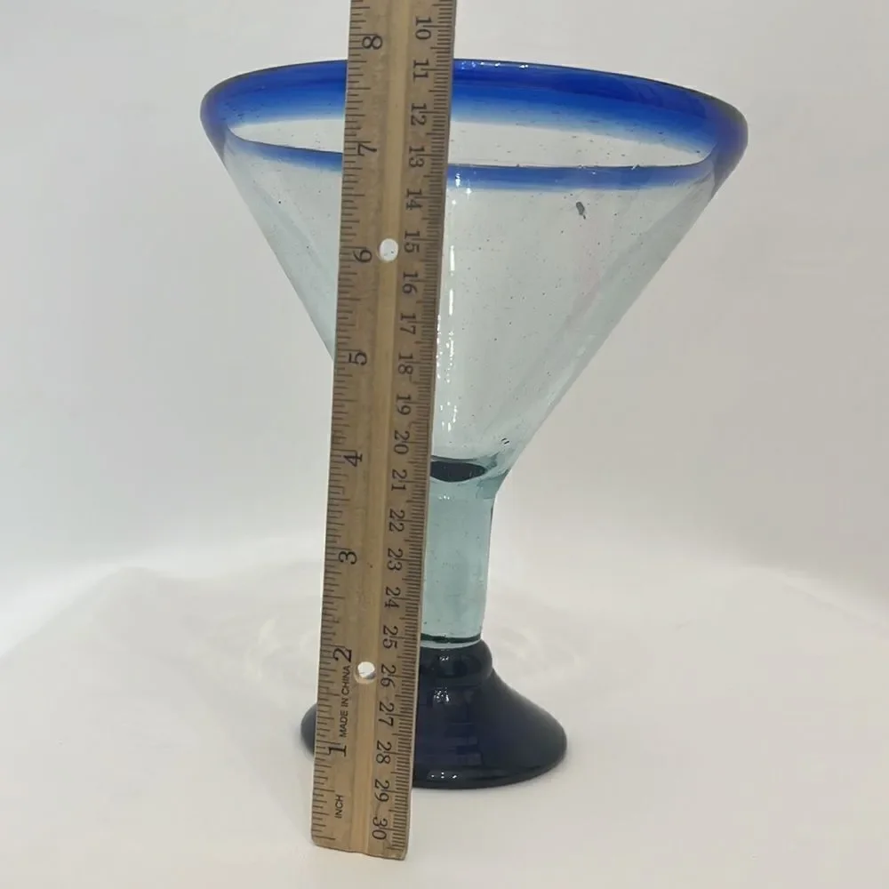 Blue Margarita Glass Hand Blown 4 Cups 6 1/2 In Round 7 3/4 Tall